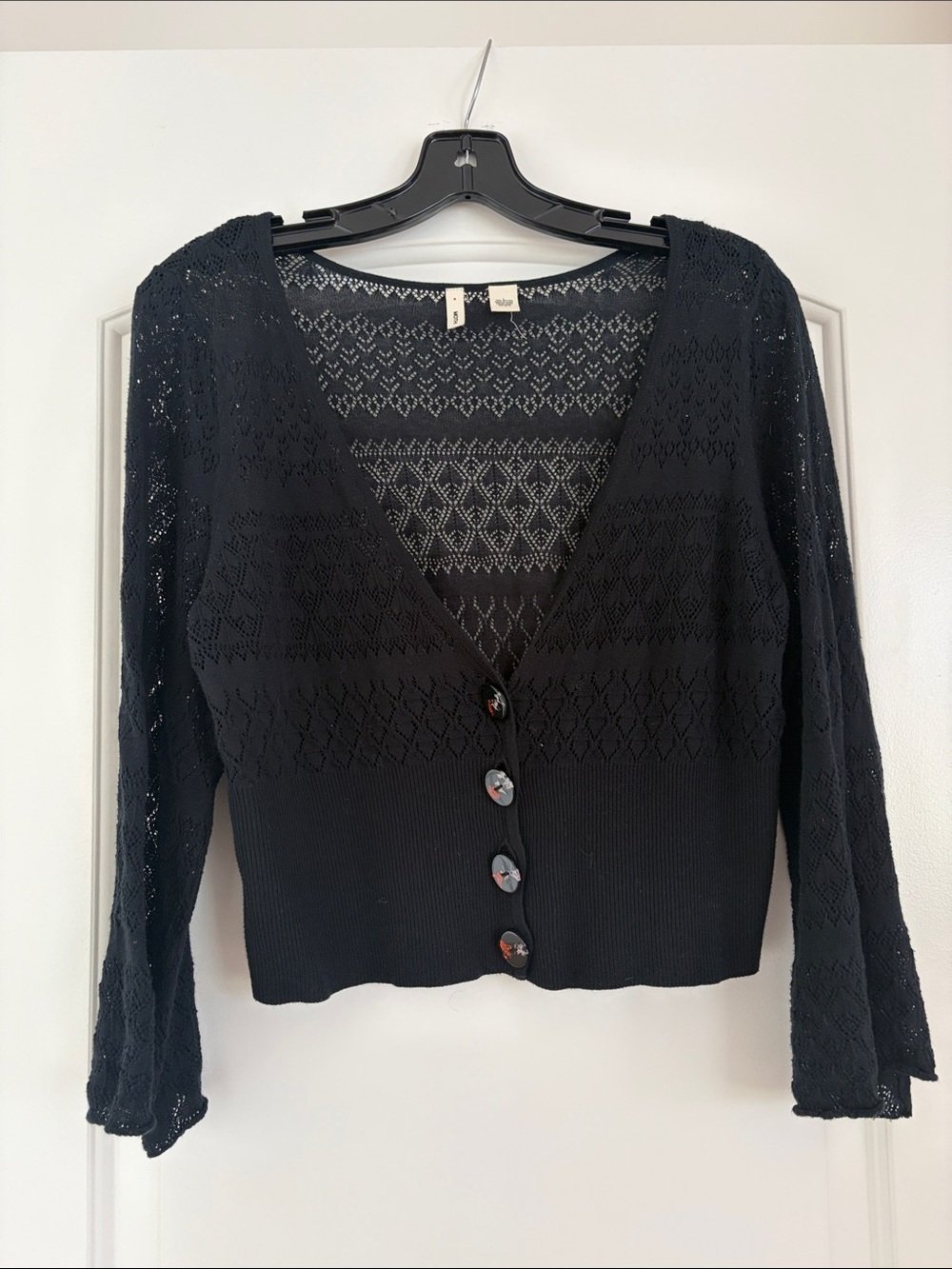 Moth Black Openwork V-Neck Button Cardigan